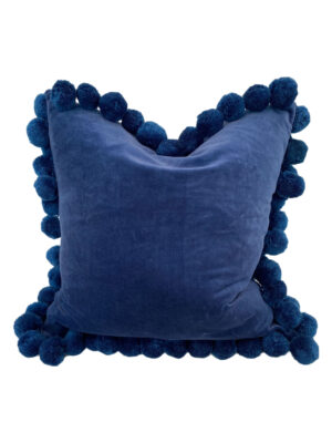 Hamal 20” Square Velvet Pillow with Pom Poms, “Navy”